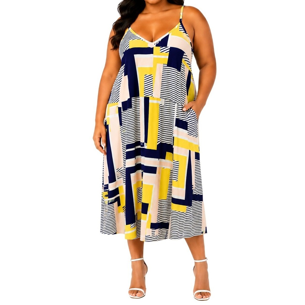 SHEIN Curve Women 3XL Geometric Stripe Cami Midi Dress Navy Yellow V-Neck Pocket
